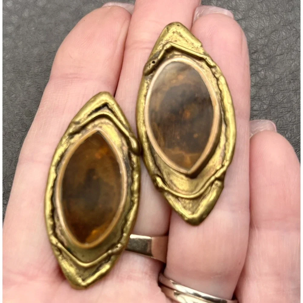 Vintage 80s Brutalist Mixed Metal Faux Amber Earrings Copper Brass Modernist